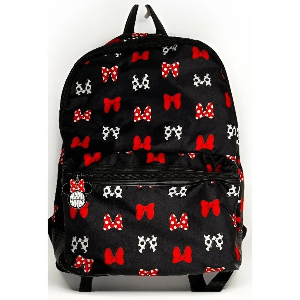 Disney Minnie Mouse Bow Print Backpack Black Red Polka Dot School Travel Bag EUC
